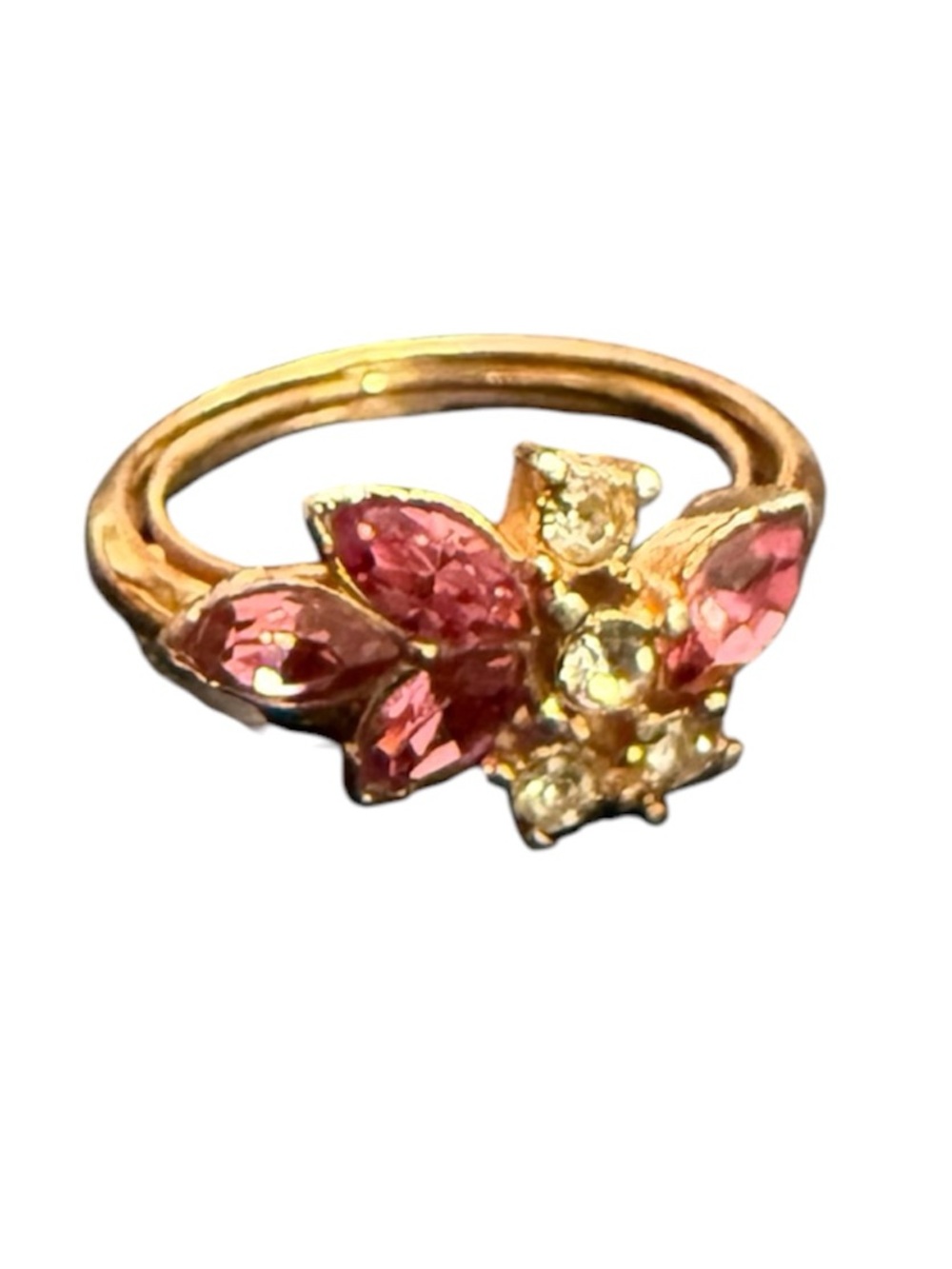 Vintage AVON Pink Sapphire Navette Rhinestones Ring Gold Costume Jewelry 8.5